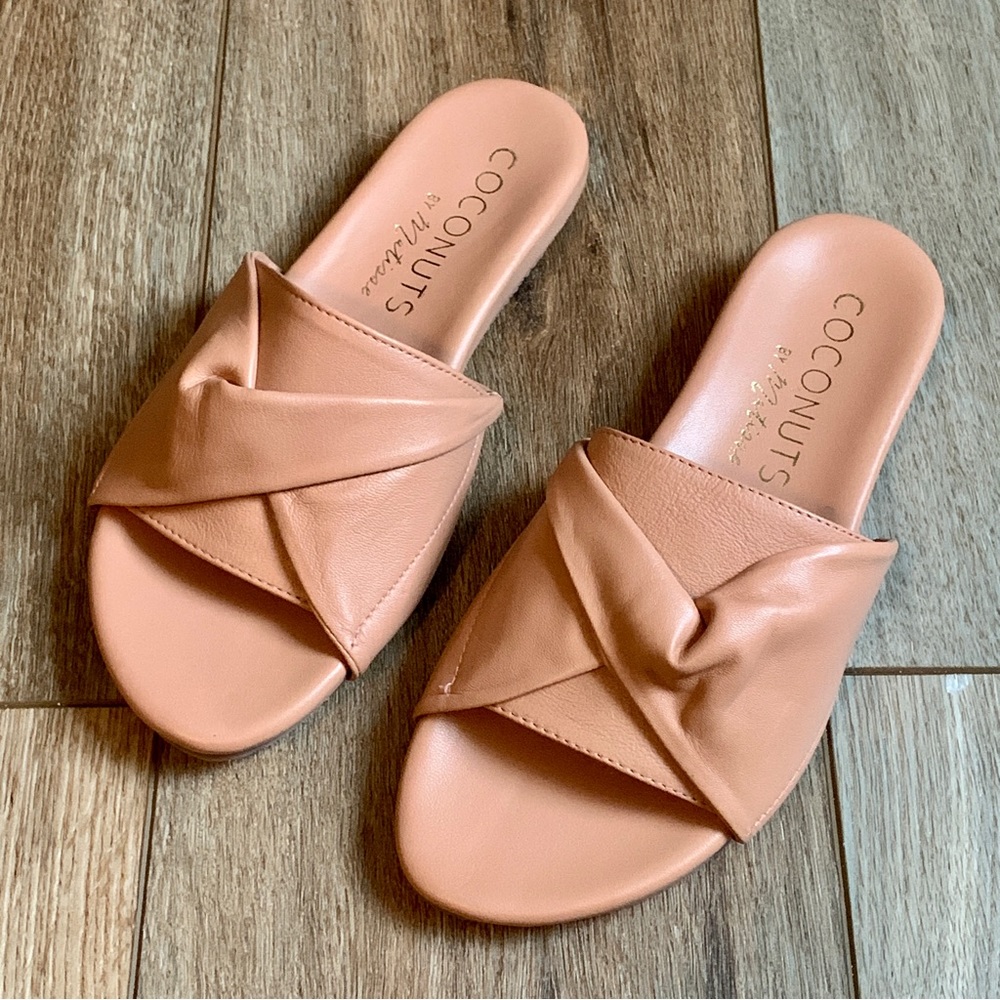 Coconuts by Matisse Botanical Tan Pink Leather Slides Sandals Women's Size 6